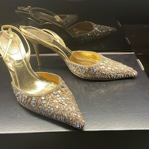 Rene Coavilla bronze beaded/sequence slingback with bronze leather strap